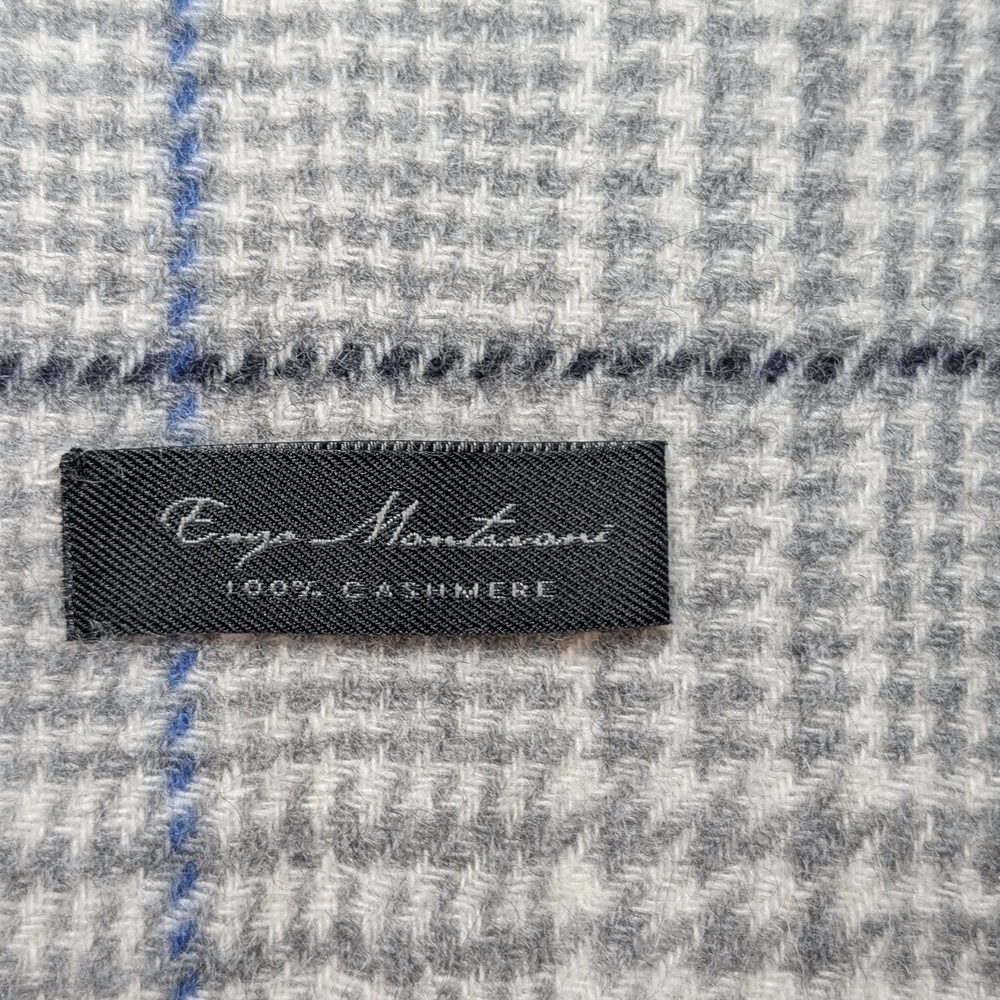 Enzo Mantovani Gray Blue Unisex 100% Cashmere Plaid Scarf Neutral Winter Fall - Picture 3 of 6